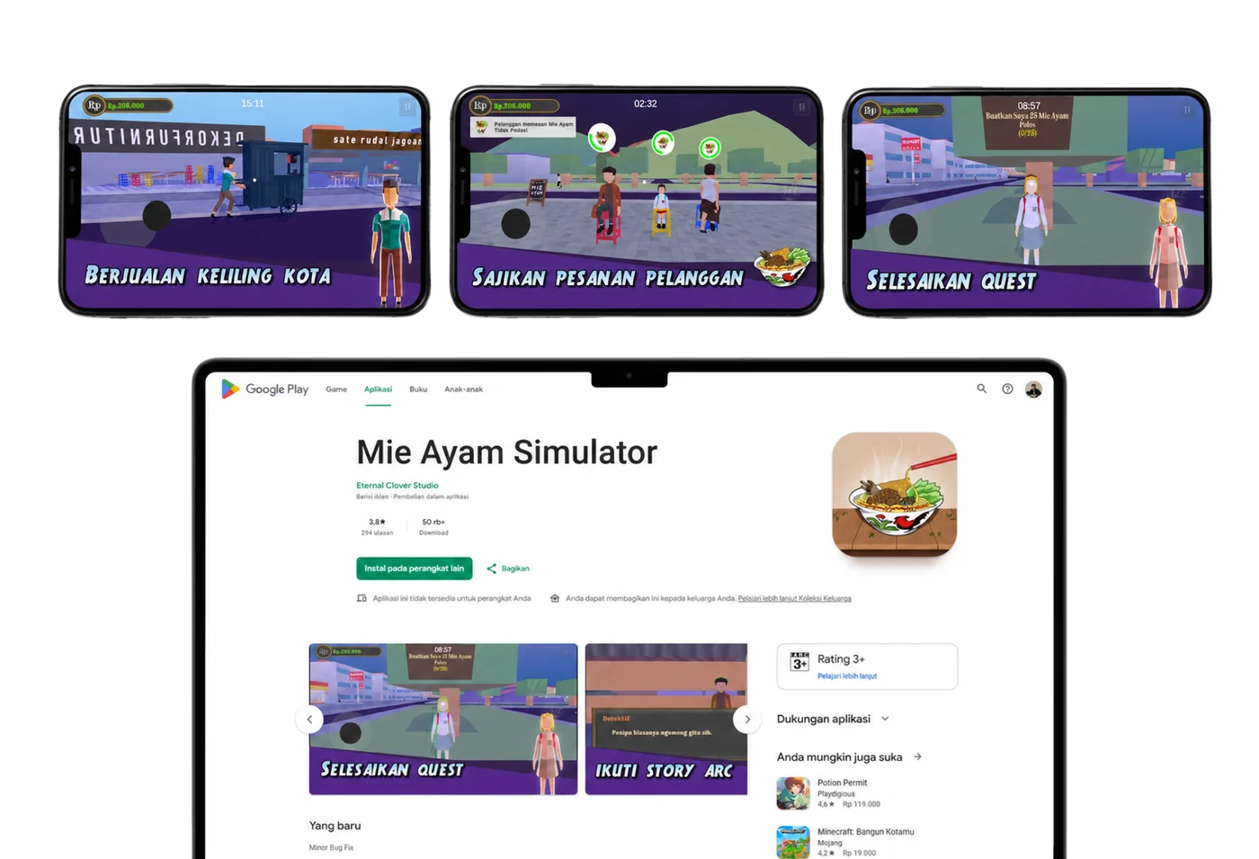 Mie Ayam Simulator UI and game screens